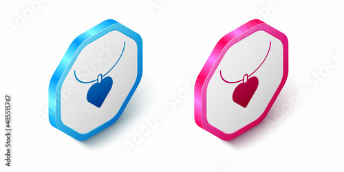 Isometric Necklace with heart shaped pendant icon isolated on white background. Jewellery decoration. International Happy Women Day. Hexagon button. Vector