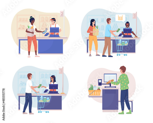 Buying groceries in shop 2D vector isolated illustration set. Customers and cashier flat characters on cartoon background. Selling product in supermarket colourful scene collection
