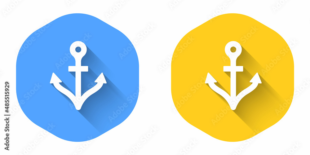 White Anchor icon isolated with long shadow background. Circle button. Vector White Anchor icon isolated with long shadow background. Circle button. Vector