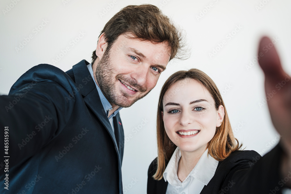 Happy businessman with businesswoman in coworking office Happy businessman with businesswoman in coworking office