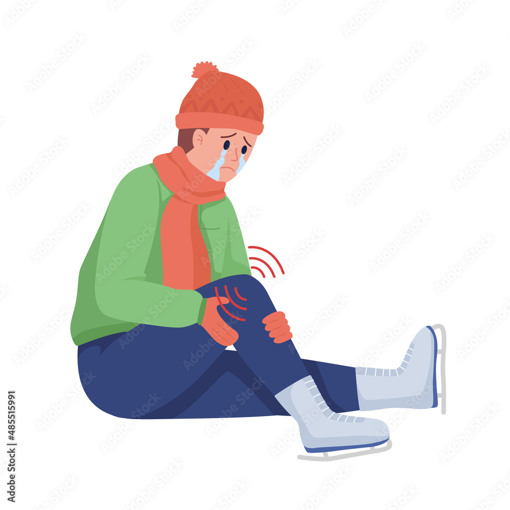 Child injured from falling semi flat color vector character. Sitting figure. Full body person on white. Winter trauma isolated modern cartoon style illustration for graphic design and animation