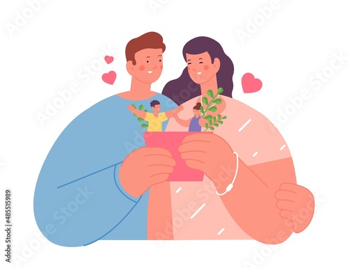 Happy parents hold flower pot with tiny joyful children. Parenthood  caring about family and kids. Love and protection  development vector concept