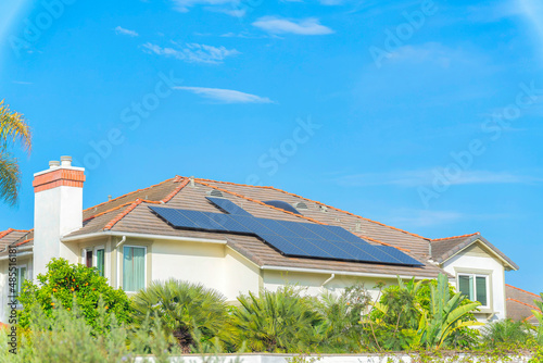 Solar panels on top of the roof of a house at Carlsbad, San Diego, California