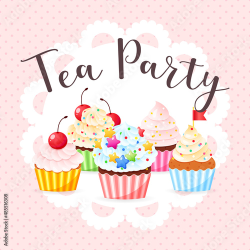 Tea party invitation template in cartoon style. Illustration of cupcakes decorated with cream and sprinkles on a pink dotted background. Vector 10 EPS. 