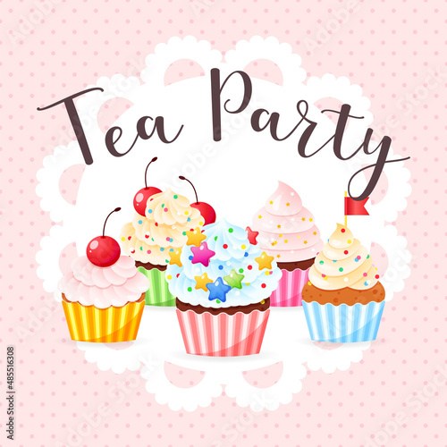 Tea party invitation template in cartoon style. Illustration of cupcakes decorated with cream and sprinkles on a pink dotted background. Vector 10 EPS.
