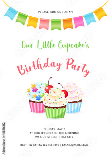 Birthday invitation card template for children party. Our Little Cupcake s Birthday Party. Cute illustration of three cupcakes decorated with sprinkles and bunting flags. Vector 10 EPS.