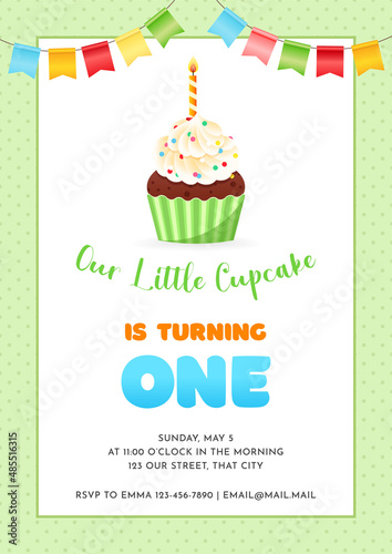 Birthday invitation card template for children party. Our Little Cupcake is turning one. Cute illustration of a cupcake decorated with burning candle and bunting flags. Vector 10 EPS.