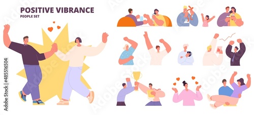Positive vibrance people characters kit. Happy women men and child, young business adults winners. Dancing couple, dating in cafe. Different joyful vector persons set