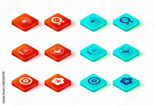 Set Chinese Yuan currency, Lotus flower, New Year, Yin Yang symbol, and icon. Vector