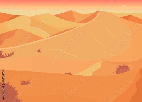 Desert sunset flat color vector illustration. Dryland system. Extremely dry environment. Tropical place for vacation 2D simple cartoon landscape with sparse vegetation on background