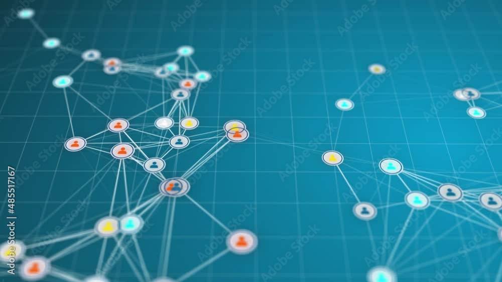 Animation of network of connections and white people icons interacting over cityscape with clouds on blue sky in the background. Global network connections and social networking concept.