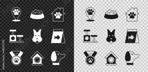 Set Location veterinary hospital, Pet food bowl for or dog, house, award symbol, Dog, Cat scratching post with toy and icon. Vector