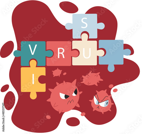 Red covid-19 and Corona virus infection vector with coronavirus text banner with puzzle background. Virus corona microbe vector. Corona virus sign disense outbreak design template. World pandemic photo