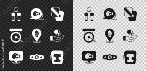 Set Jump rope, Boxing glove, training paws, belt, helmet, gong and icon. Vector
