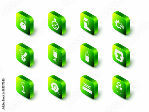 Set Stopwatch, Sport boxing shoes, Punch glove, Boxing helmet, expander, Punching bag, ring and icon. Vector