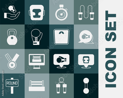 Set Dumbbell, Boxing helmet, glove, Stopwatch, Weight, and Bathroom scales icon. Vector