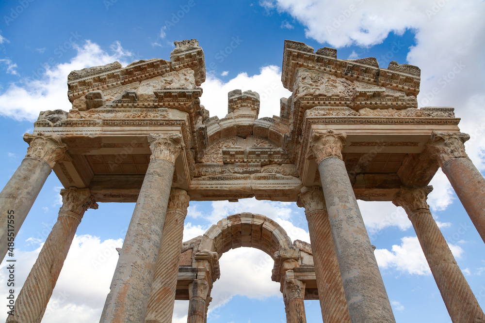Karacasu, Aydin, Turkey - October 8 2016: Aphrodisias tetrapylon ruins, (UNESCO World Heritage Site, 2017)