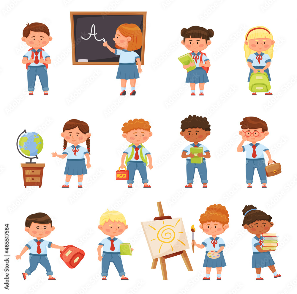 Cartoon school children in uniform. Female and male pupils doing educational activities. Girl writing on blackboard with chalk, drawing on easel, learning globe isolated vector set Cartoon school children in uniform. Female and male pupils doing educational activities. Girl writing on blackboard with chalk, drawing on easel, learning globe isolated vector set