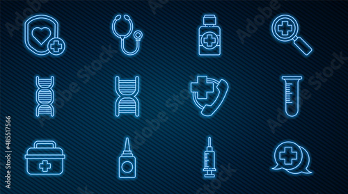 Set line Dialogue with the doctor, Test tube and flask, Bottle of medicine syrup, DNA symbol, Shield heart rate, Emergency phone call hospital and Stethoscope icon. Vector