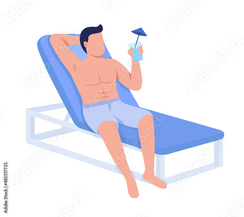 Fit body man relaxing with cocktail drink semi flat color vector character. Full body person on white. Lying on beach chair simple cartoon style illustration for web graphic design and animation