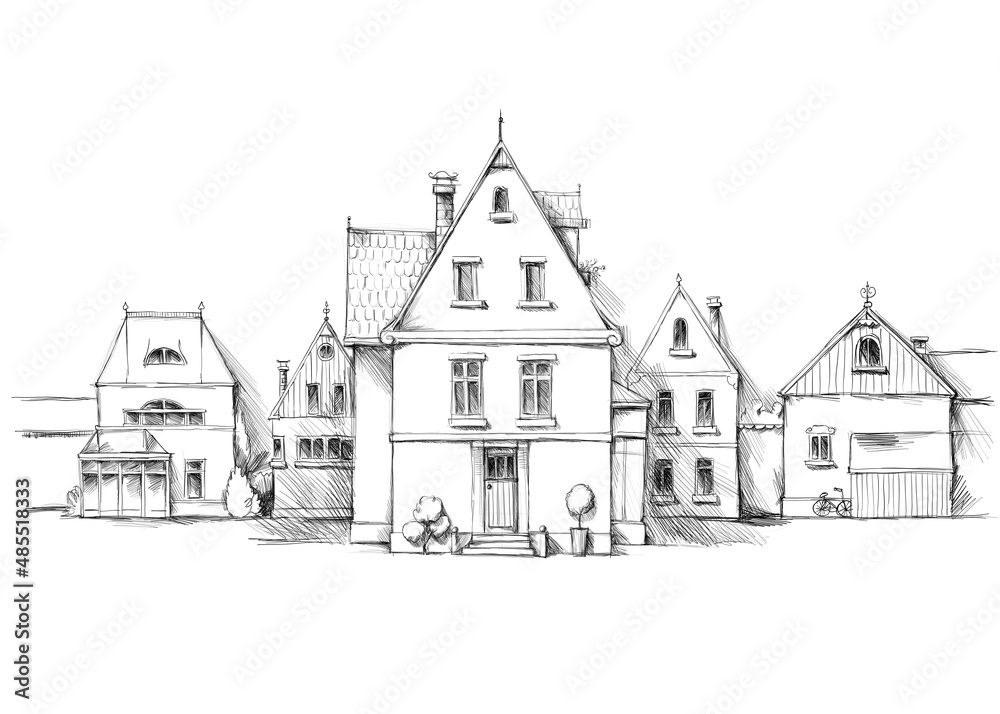 Hübsche Stadtvilla als Skizze mit Häusern im Hintergrund