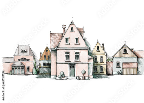 Hübsche Stadtvilla als Skizze mit Häusern im Hintergrund