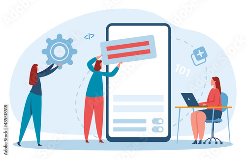 Coding and programming concept. Women working on laptop, mobile screen. Developing programs, technologies. Cartoon developers doing tasks and coding software on devices vector illustration