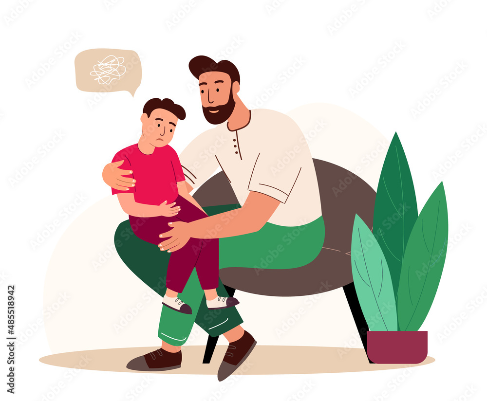 Parent Daddy Support his Child,Boy,Father Comforting Upset Kid.Sad Son,Anxious Emotion.Father and Son Sit,Warm Talks,Speak Share Problems.Parent Character Support Child.People Vector Illustration