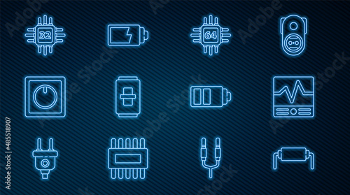 Set line Resistor electricity, Electrical measuring instruments, Processor with microcircuits CPU, light switch, Battery charge level indicator and icon. Vector