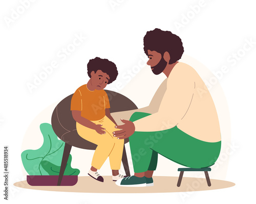 Parent Support his Child,Boy,Father Comforting Upset Kid.Sad African Son, Anxious Emotion.Father and Son Sit,Speak Share Problems.Parent Character Support Child.Dark Skin People Vector Illustration
