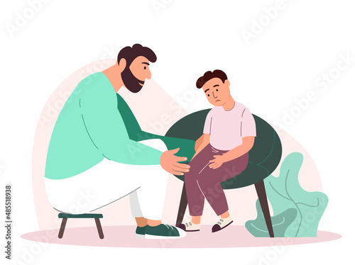 Parent Daddy Support his Child,Boy,Father Comforting Upset Kid.Sad Son,Anxious Emotion.Father and Son Sit,Warm Talks,Speak Share Problems.Parent Character Support Child.People Vector Illustration