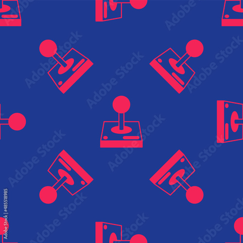 Red Joystick for arcade machine icon isolated seamless pattern on blue background. Joystick gamepad. Vector