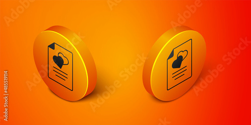 Isometric Marriage contract icon isolated on orange background. Wedding certificate. Orange circle button. Vector