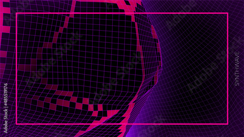 Vector image of distorted holographic neon mesh in retrofuturism style.