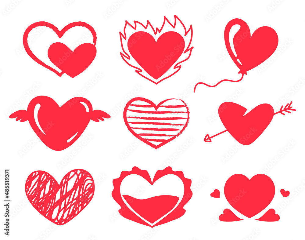 Cute red doodle hearts. Valentine day symbol of love. Romantic holiday hearts with fire, wings, arrow and balloon. Creative striped, full and empty romance shapes isolated vector set