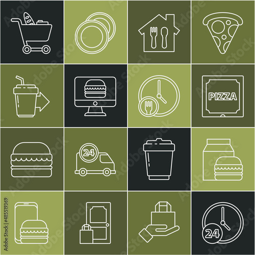 Set line Clock 24 hours, Online ordering and burger delivery, Pizza cardboard box, Coffee cup to go, Shopping cart food and Round the clock icon. Vector