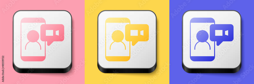 Isometric Video chat conference icon isolated on pink, yellow and blue background. Online meeting work form home. Remote project management. Square button. Vector Isometric Video chat conference icon isolated on pink, yellow and blue background. Online meeting work form home. Remote project management. Square button. Vector