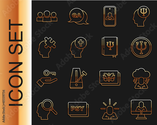 Set line Psychologist online, Depression, Psychology, Psi, Man graves funeral sorrow, Solution to the problem, Users group and book, icon. Vector