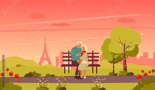 An old couple in love sitting on a park bench in Paris. Valentine s Day card. Vector illustration