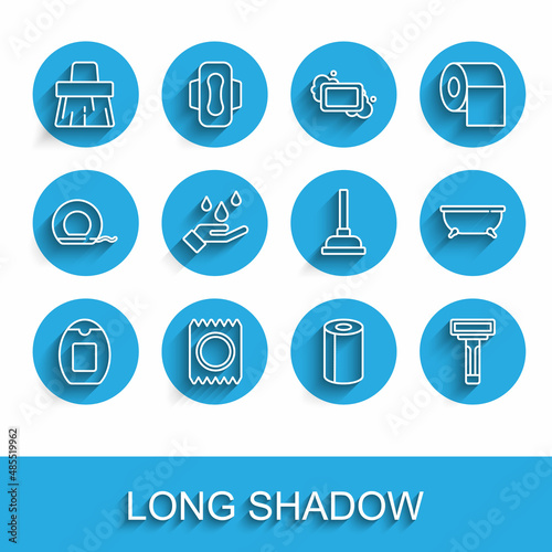 Set line Bottle of shampoo, Condom in package safe sex, Handle broom, Paper towel roll, Shaving razor, Washing hands with soap, Bathtub and Rubber plunger icon. Vector