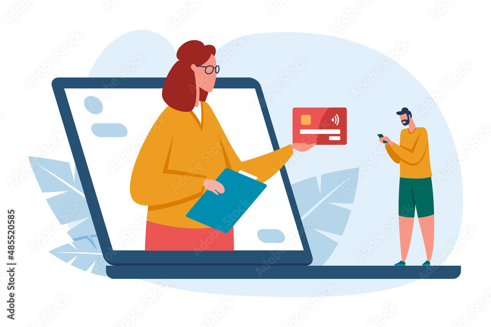 Finance and credit online banking concept. Assistant giving credit card to client from laptop screen. Man doing internet transactions using smartphone. Virtual service vector illustration Finance and credit online banking concept. Assistant giving credit card to client from laptop screen. Man doing internet transactions using smartphone. Virtual service vector illustration