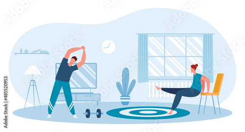 Fitness at home. Man and woman doing physical exercise in living room. Characters doing sport, leading healthy lifestyle. Having workouts to keep fit body vector, wellness and healthcare concept