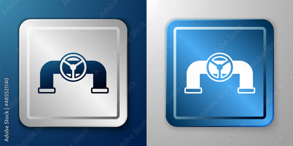 White Oil pipe with valve icon isolated on blue and grey background. Silver and blue square button. Vector White Oil pipe with valve icon isolated on blue and grey background. Silver and blue square button. Vector