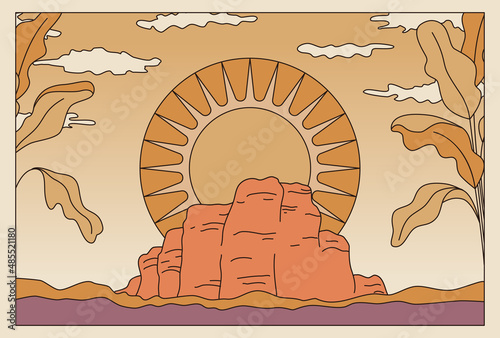 Vector illustration in simple line style - boho abstract print - simple natural landscape with mountains and hills