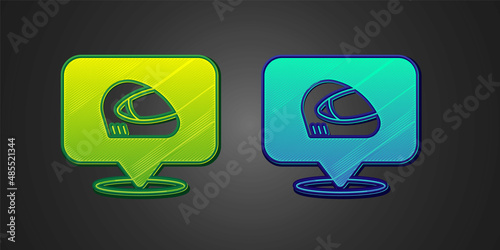 Green and blue Racing helmet icon isolated on black background. Extreme sport. Sport equipment. Vector