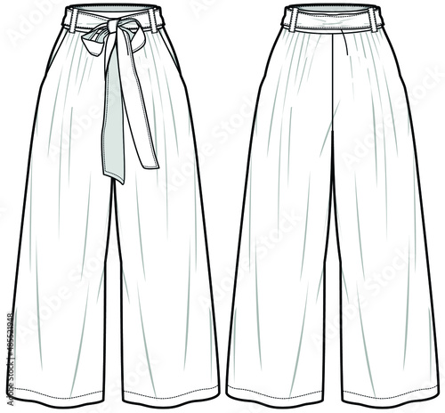 Palazzo Pants with Knot Tie, Wide Leg Pant Front and Back View. Fashion Illustration, Vector, CAD, Technical Drawing, Flat Drawing. 