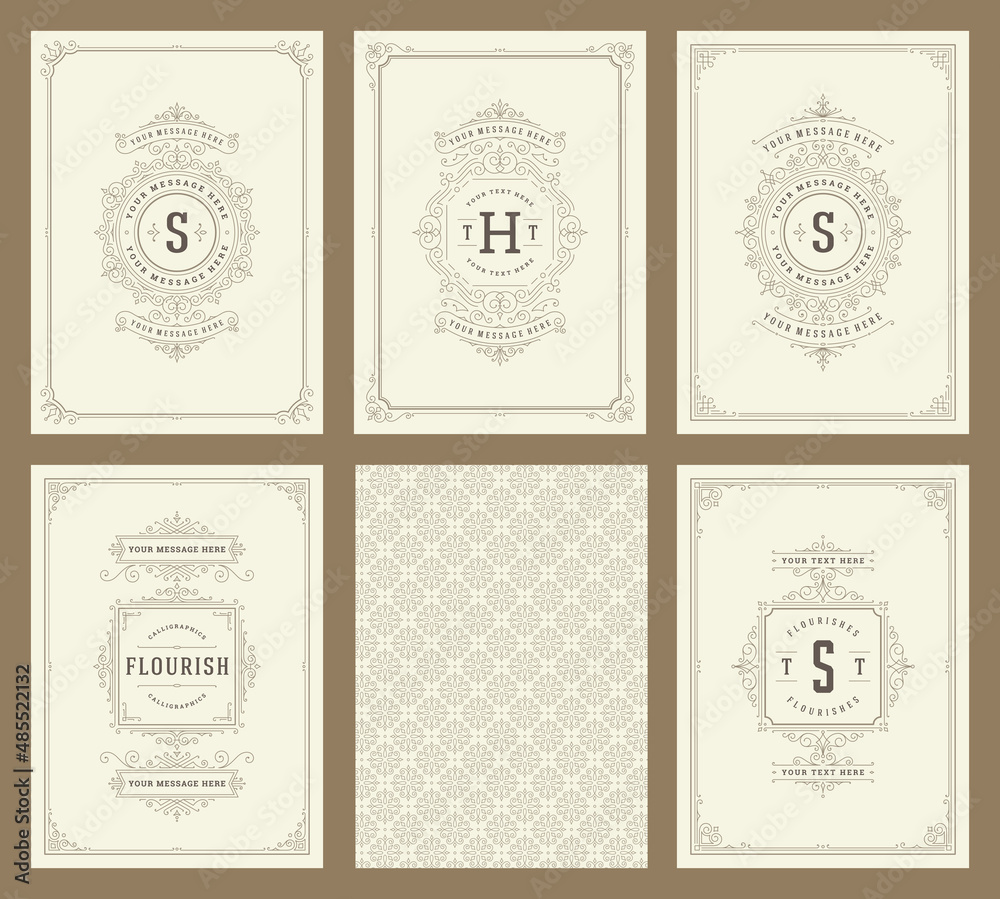 Vintage ornament greeting cards set templates flourish ornate frames and pattern background vector illustration