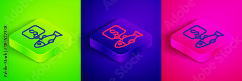 Isometric line Price tag for fish icon isolated on green, blue and pink background. Square button. Vector