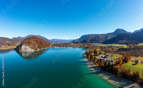 Austria, Salzburg, Strobl, Drone view of Lake Wolfgang and surrounding landscape in autumn photo