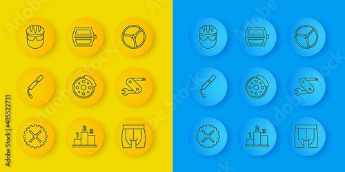 Set line Bicycle sprocket crank, air pump, brake disc, Cycling shorts, Swiss army knife, helmet, wheel and pedal icon. Vector